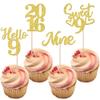 24 PCS Glitter 9th Birthday Cupcake Toppers Hello 9 Nine Cupcake Picks Sweet 9 Since 2016 Cupcake Topper for Happy 9th Birthday Anniversary Party Cake Decorations Supplies Gold view 1