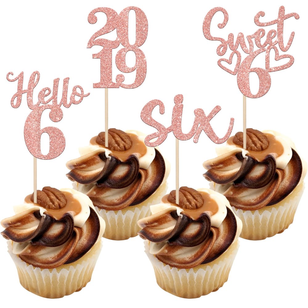 24 PCS 6th Birthday Cupcake Toppers Glitter Hello 6 Six Cupcake Picks Sweet 6 Since 2019 Cupcake Topper for Happy 6th Birthday Anniversary Party Cake Decorations Supplies Rose Gold