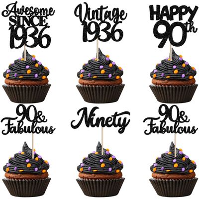 30PCS Happy 90th Birthday Cupcake Toppers Glitter Awesome Since 1936 Ninety 90 Fabulous Vintage 1936 Cupcake Picks for 90th Birthday Anniversary Retirement Party Cake Decorations Supplies Black