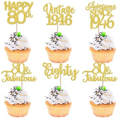 30PCS Vintage 1945 Cupcake Toppers Glitter Eighty Happy 80th Birthday 80 Fabulous Cupcake Picks Awesome Since 1945 Cake Decorations for 80th Birthday Anniversary Retirement Party Supplies Gold