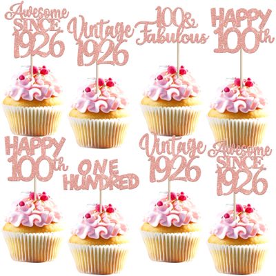 30PCS Vintage 1926 Cupcake Toppers Glitter One Hundred 100 Fabulous Happy 100th Birthday Cupcake Picks Awesome Since 1926 Cake Decorations for 100th Birthday Anniversary Party Supplies Rose Gold