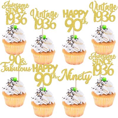 30PCS Vintage 1936 Cupcake Toppers Glitter Ninety Happy 90th Birthday 90 Fabulous Cupcake Picks Awesome Since 1936 Cake Decorations for 90th Birthday Anniversary Retirement Party Supplies Gold