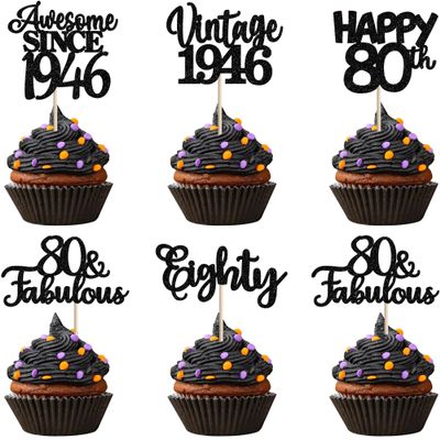 30PCS Happy 80th Birthday Cupcake Toppers Glitter Awesome Since 1946 Eighty 80 Fabulous Vintage 1946 Cupcake Picks for 80th Birthday Anniversary Retirement Party Cake Decorations Supplies Black