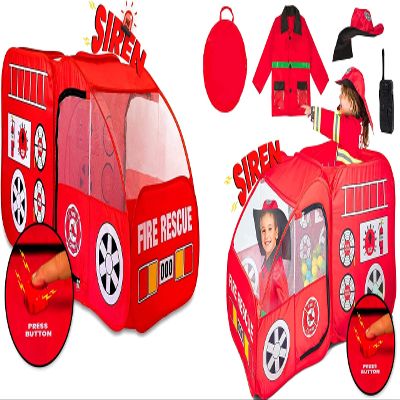 Fire Truck Tent - Fire Truck Costume, Jacket, Hat, Red Fire Engine, Siren Sound Button Playhouse for Kids,