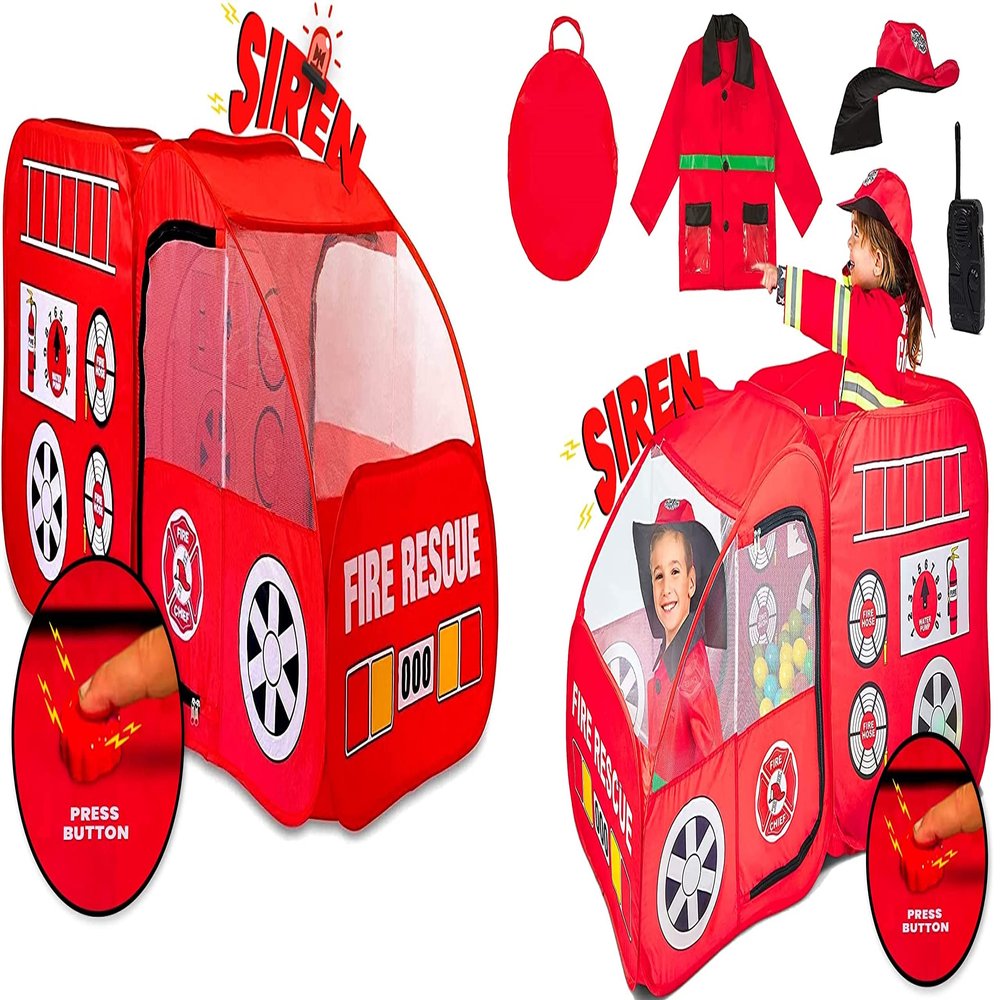 Fire Truck Tent - Fire Truck Costume, Jacket, Hat, Red Fire Engine, Siren Sound Button Playhouse for Kids,