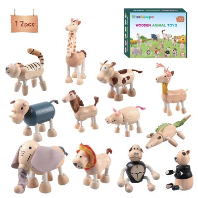 12PCS Bendable Wooden Animal Toys, Fun and Posable Animal Toys for Early Education, Smooth Natural Wood, Safari Farm Wood Animals Learning Toy for Kids