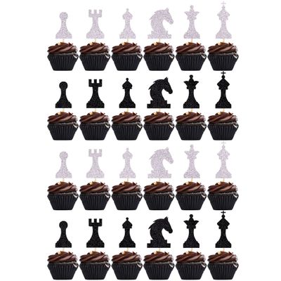24pcs Black White Glitter International Chess Cupcake Topper Intellectual Game & Birthday Cake Decorations (Chess)