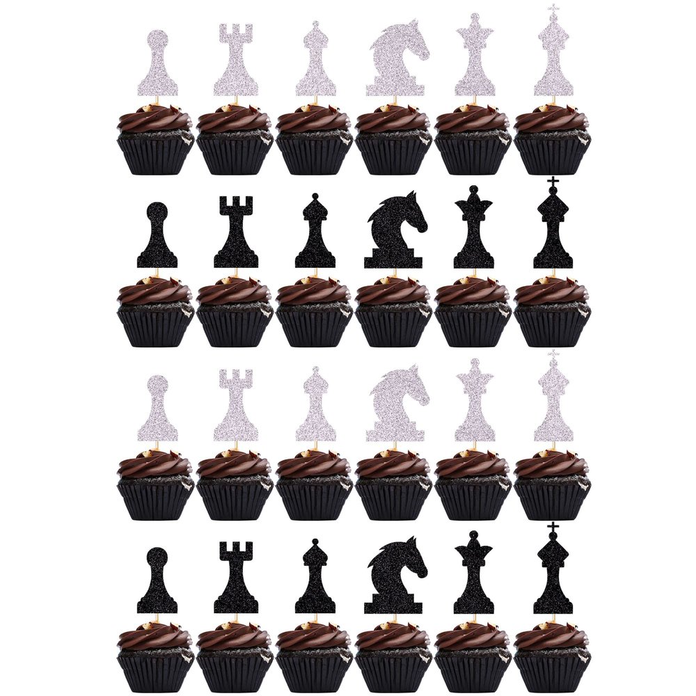 24pcs Black White Glitter International Chess Cupcake Topper Intellectual Game & Birthday Cake Decorations (Chess)
