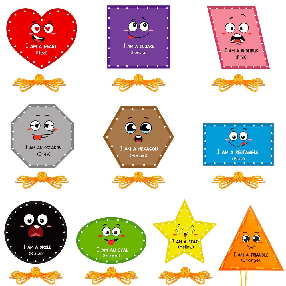 Funrous 10 Pieces Kids Recognition Lacing Cards Thick Cardboard Educational Sewing Cards Double Sided Lacing Playing Games for Children Toddler Preschool Developing Imagination Supplies (Shape)