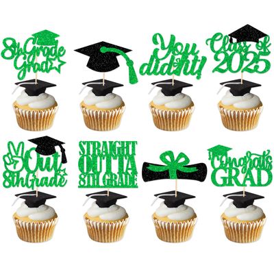 GD8XDG-LVS 8th Grade Grad Cupcake Toppers, Green Glitter 8th Grade Graduation Party Decorations 2025, Boy Girl Kids Eighth Grade Graduation Party Decorations Supplies (Green)