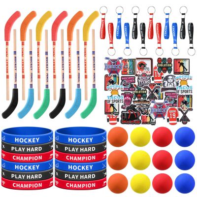 Hungdao 98 Pcs Hockey Party Favors Include 12 Ice Hockey Pencil with Eraser 12 Foam Knee Ball 12 Silicone Bracelet 12 Motivational Keychain 50 Sheet Sticker for Sport Team Birthday Party Supplies Gift