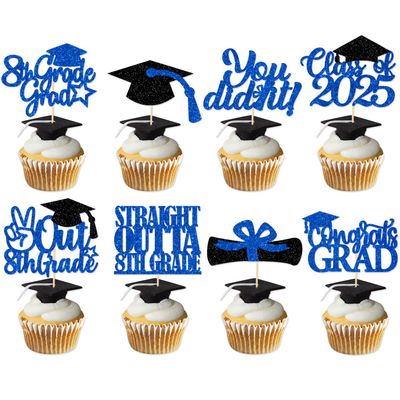 GD8XDG-LS 8th Grade Grad Cupcake Toppers, Blue Glitter 8th Grade Graduation Party Decorations 2025, Boy Girl Kids Eighth Grade Graduation Party Decorations Supplies (Blue)