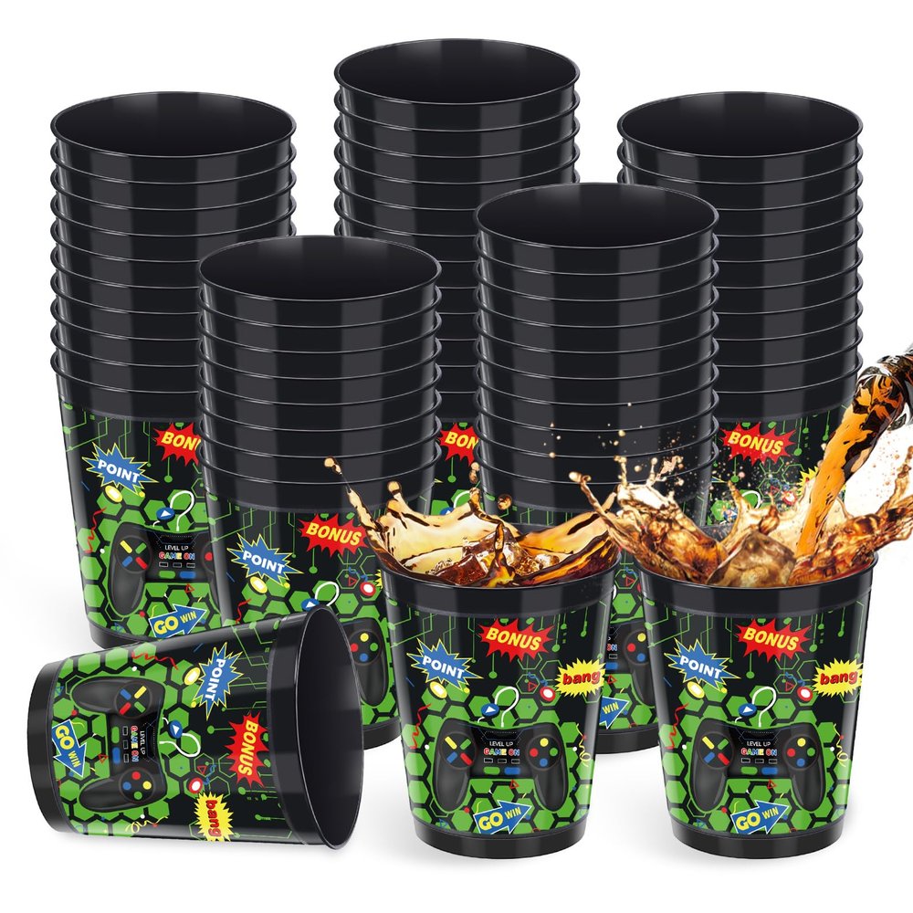 24 Pieces 16 oz Video Game Theme Cups Gaming Party Favors Set Go Level up Plastic Cups Gamer Frosted Cup for Popular Video Party Supplies Adult Gamer Birthday Decorations(Green)