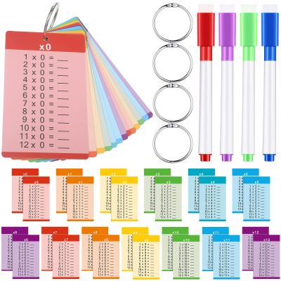 Geyee 52 Pieces Multiplication Flash Cards for 1st to 3rd Grades with 4 Dry Erase Markers and 4 Rings Set Math Flash Cards Educational Times Table Flashcards for Learning Supplies