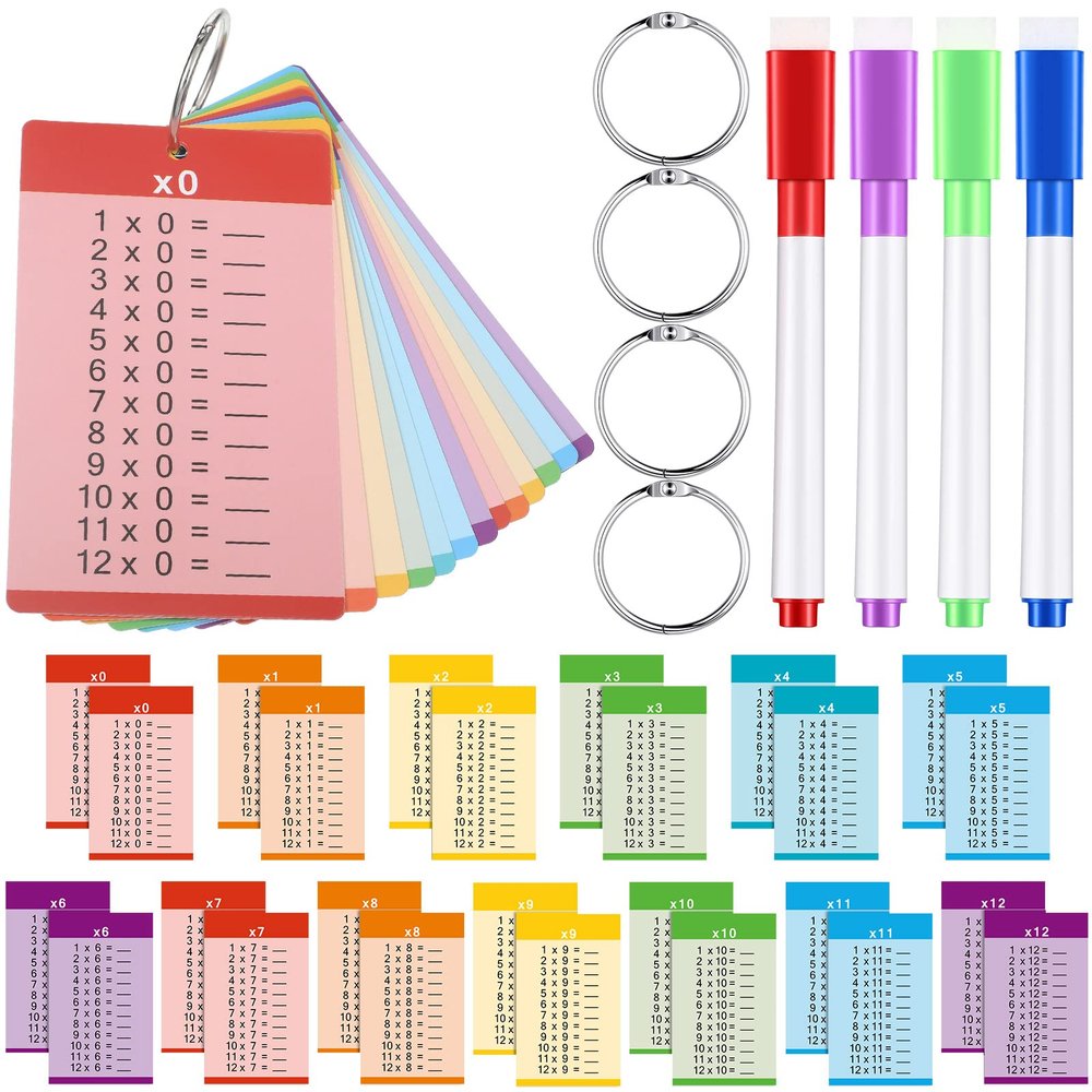 Geyee 52 Pieces Multiplication Flash Cards for 1st to 3rd Grades with 4 Dry Erase Markers and 4 Rings Set Math Flash Cards Educational Times Table Flashcards for Learning Supplies