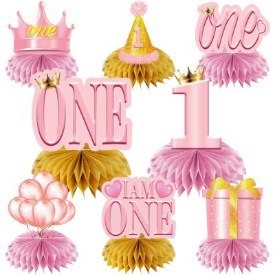 8Pcs 1st Birthday Decorations Honeycomb Centerpieces for Girls, Pink Rose Gold I Am One Happy First Birthday Table Centerpieces Party Supplies, One Year Old Bday Table Toppers Decor