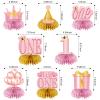 8Pcs 1st Birthday Decorations Honeycomb Centerpieces for Girls, Pink Rose Gold I Am One Happy First Birthday Table Centerpieces Party Supplies, One Year Old Bday Table Toppers Decor view 3
