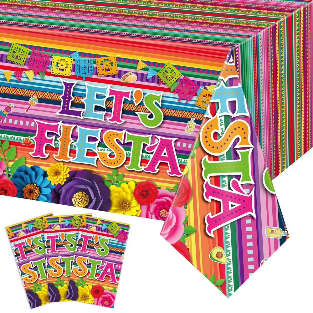 3 Pieces Fiesta Theme Party Tablecloth Mexican Table Cloths Cinco De Mayo Party Table Covers Fiesta Taco Night Table Cloth Mexican Theme Party Supplies for Mexican Fiesta Party Decor 54 x 108 Inch