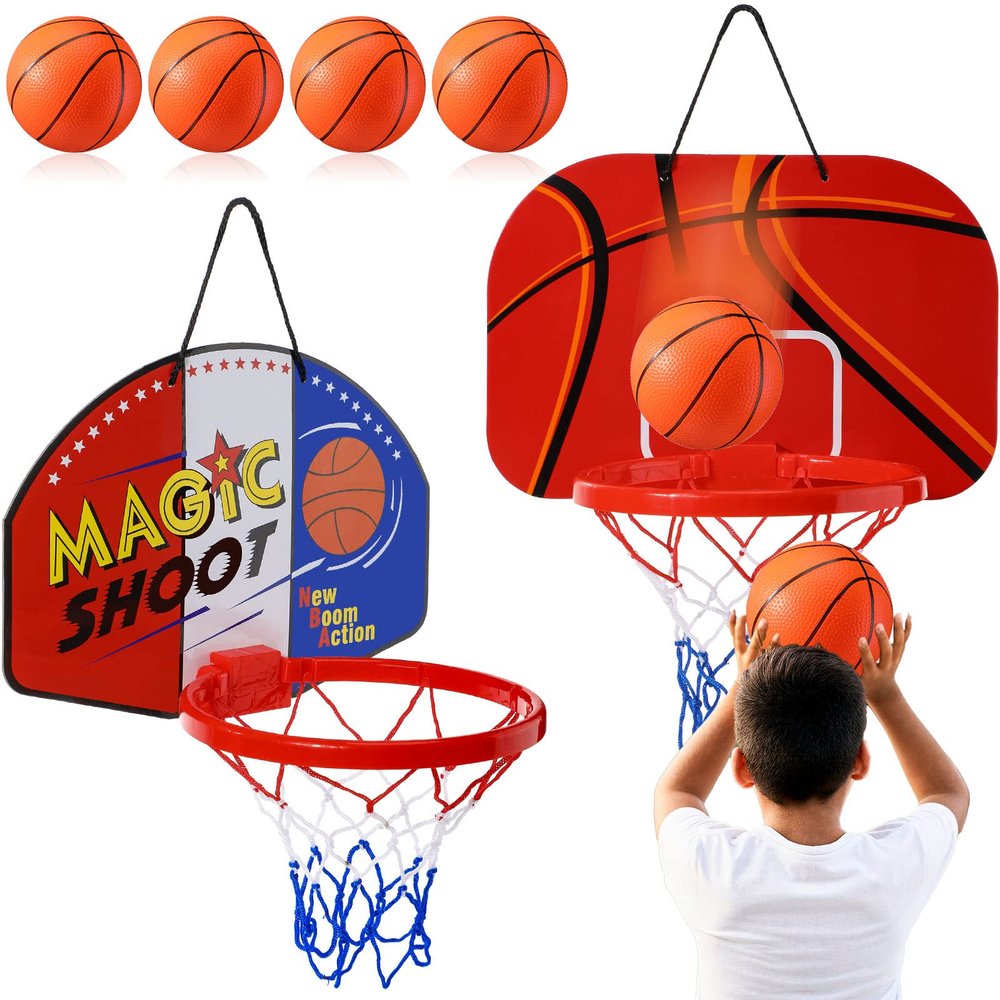 Sosation 2 Pcs Mini Basketball Hoop with 4 Basketball, Sticky Hook, Pump, Indoor No Drilling Basket Ball Hoop Decompress Game for Kid Adult Gift(Shoot Style)