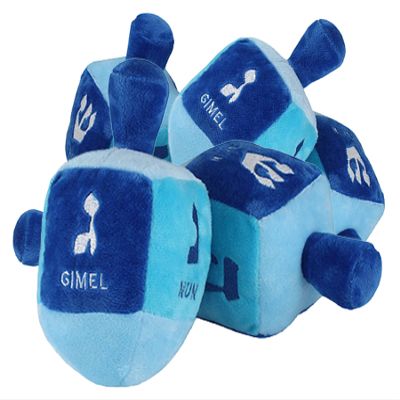 Aviv Judaica Pack of 6 Stuffed Plush Dreidels with Rattle for Hanukkah - 6" x 3" Embroidered with The Hebrew Drydel Letters and English Transliteration My First Chanukah Driedel Gift