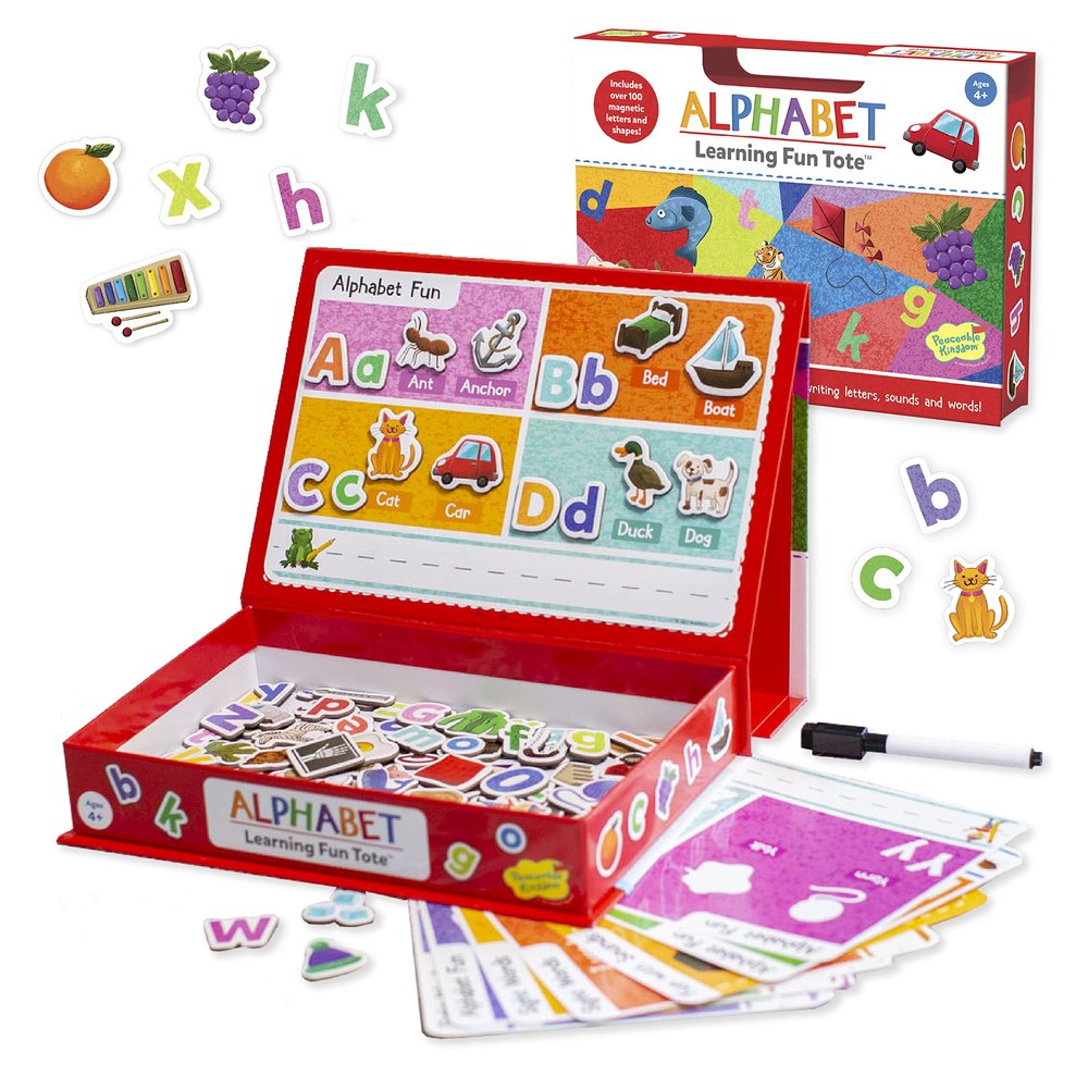 Peaceable Kingdom Alphabet Learning Fun Tote, Hands-on Literacy Activity Set with Magnetic Letters Sheets, Early Reading Skills Development, Kids Age 4+, Portable Classroom Home Organization
