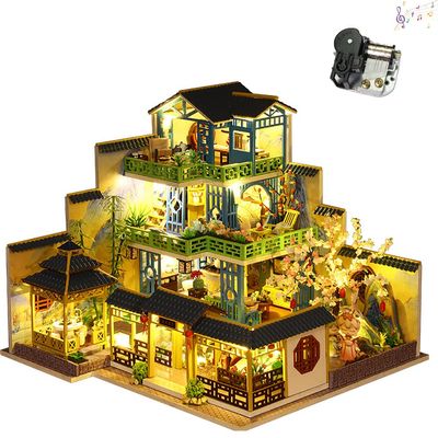 TOPBSFARNY 3D Wooden Assembly Dollhouse kit DIY Miniature Chinese Antique Painting Style Courtyard Scene Building with Dust Cover and Music Creative Gift (P013-Y)