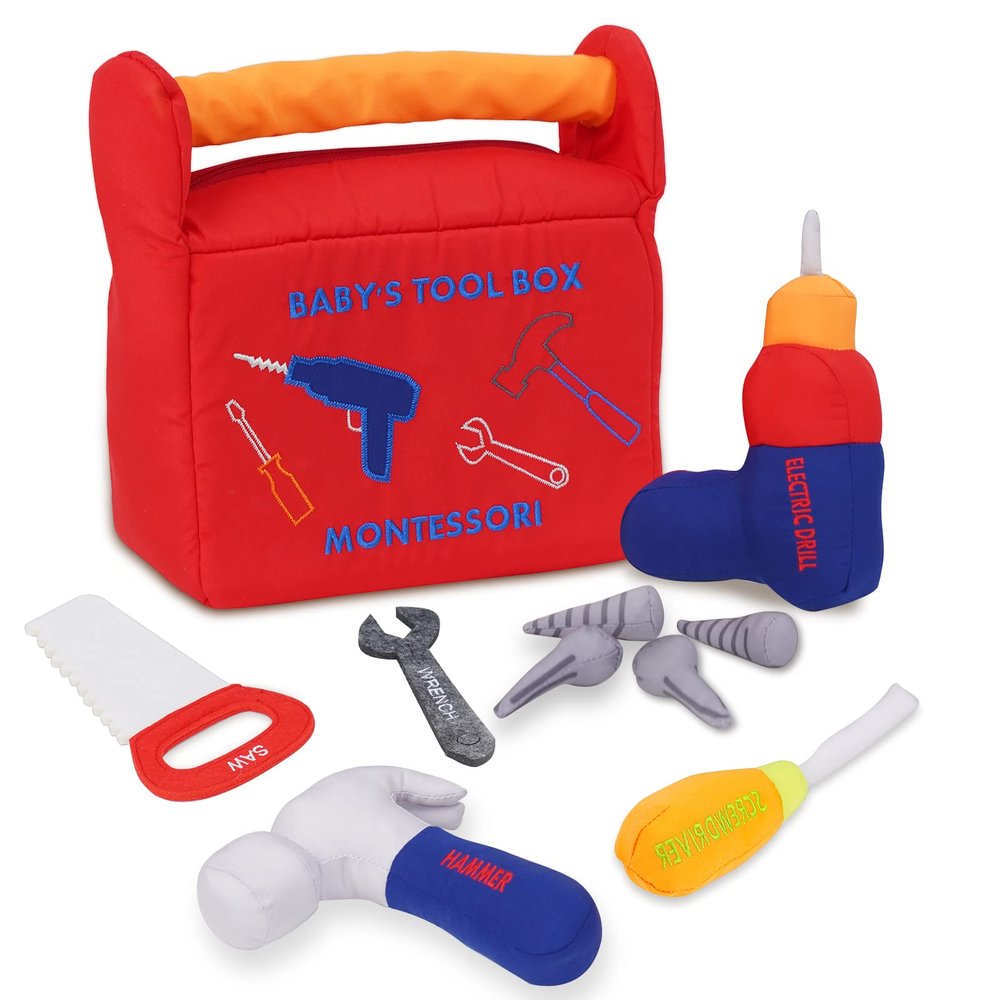 My First Tool Box Baby, 10-Piece Soft Plush Sensory Baby Tool Playset, with Electric Drill, Saw, Wrench, Hammer, Screwdriver and Screws for Early Montessori Education and Boy & Girl Toy Gift (Red)
