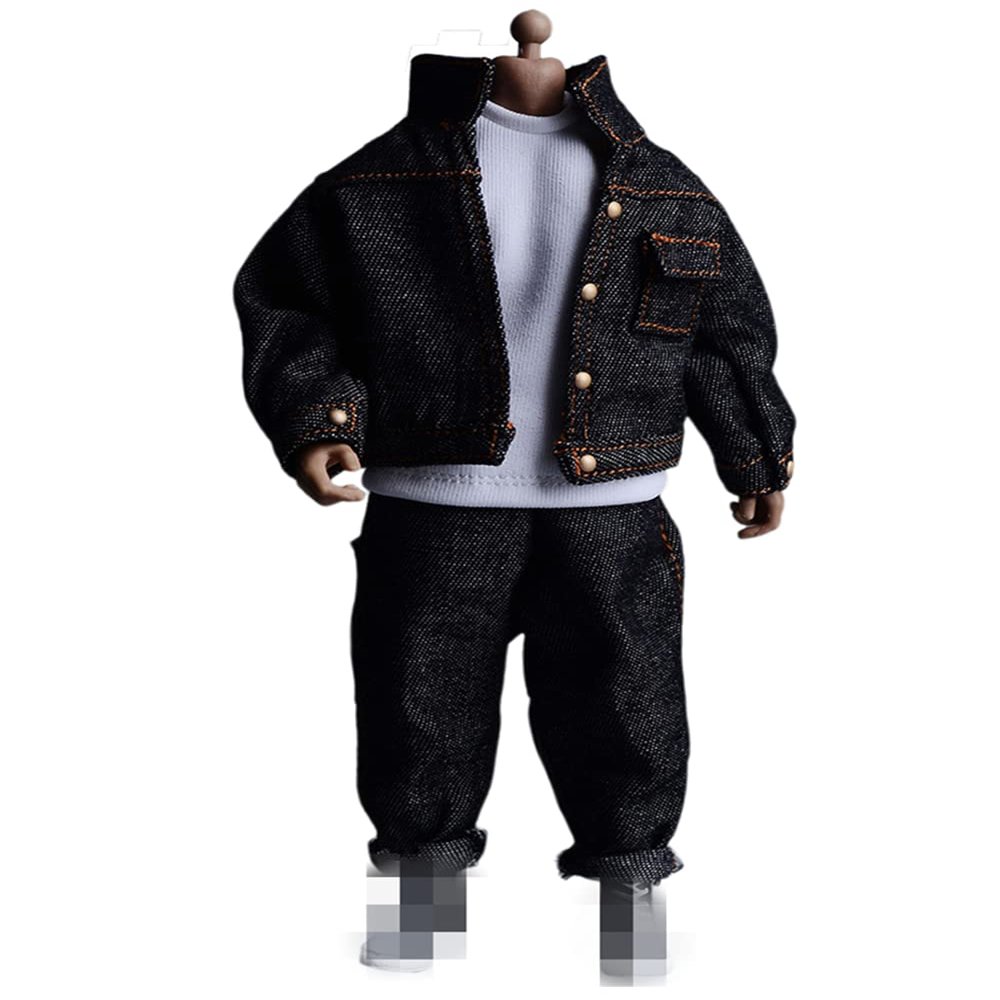 1/12 Scale Male Clothes,Men's Denim Coat Pants Trousers Clothing for 6inch Male Action Figure Body Doll (Black)
