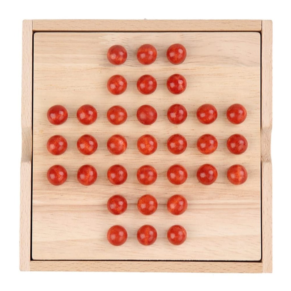5.6in Handcrafted Solitaire Games Wooden Marbles Games with 33 Wood Marble Chess Pieces, Puzzle Solitaire Board Game Set for Adults Kids Seniors with Storage Design