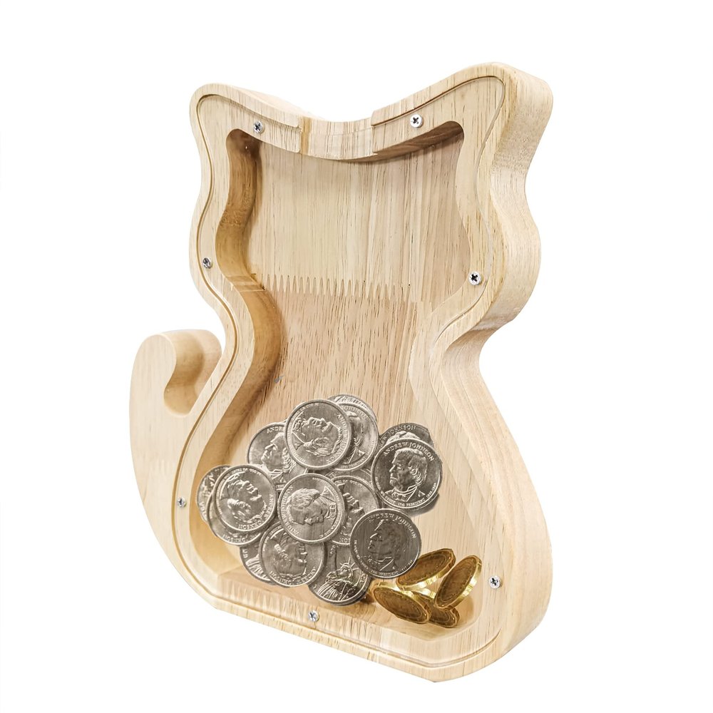 FixtureDisplays Wood Cat Piggy Bank, Savings Piggy Bank for Kids, Cute Money Bank Coin Keepsake for Boys and Girls, Makes a Perfect Unique Gift for Cat Lovers 8.7"w x7.08"h x 1.18"d 15553-CAT-2D