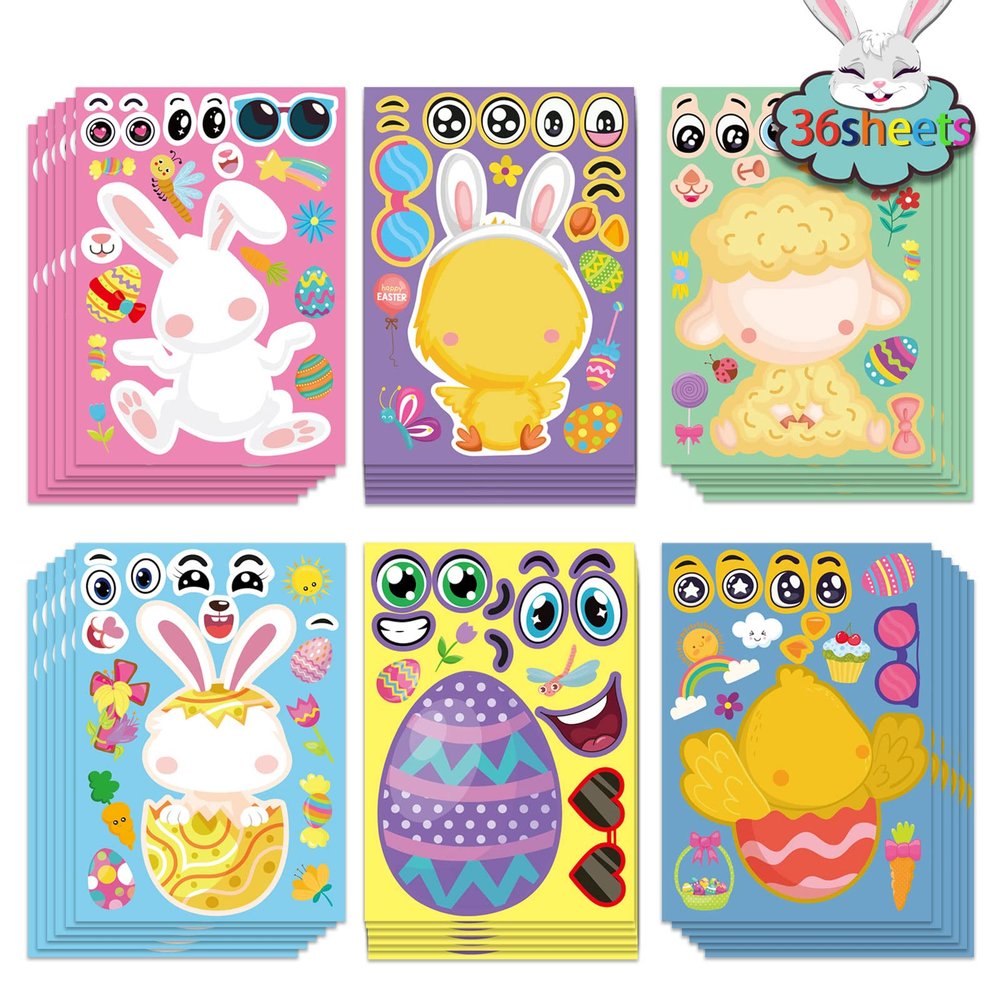 36 Sheet Easter Stickers for Kids,Easter Basket Stuffers,Make a Face Sticker, Make Your Own Animal Stickers,Spring Party Favor, Birthday Gift