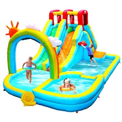 WELLFUNTIME Inflatable Water Double Slides Park with Blower, Bouncy Castle with Rainbow Water Curtain, with Shooting and Rock Climbing
