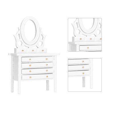 1:12 Scale Dollhouse Toilet Table, Elegant Makeup Miniature Dressing Table with Mirror (White)