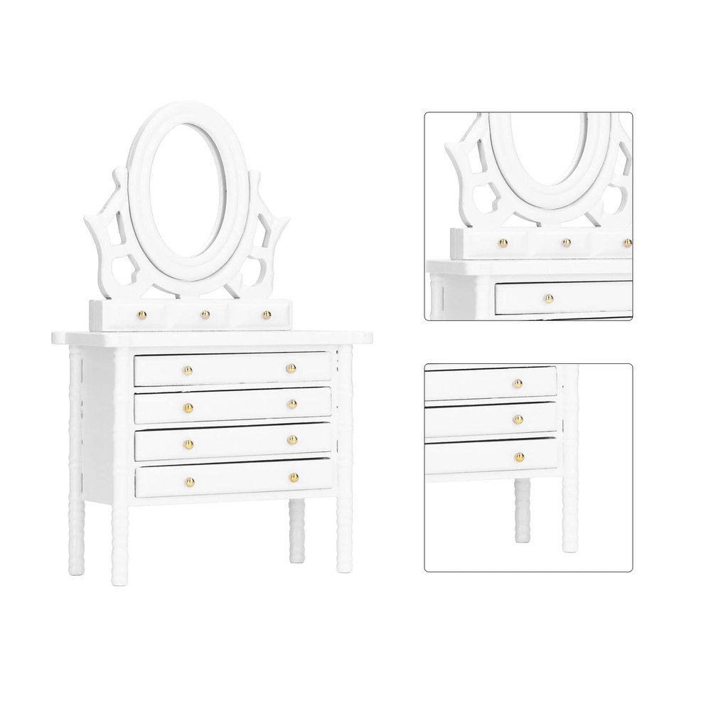 1:12 Scale Dollhouse Toilet Table, Elegant Makeup Miniature Dressing Table with Mirror (White)
