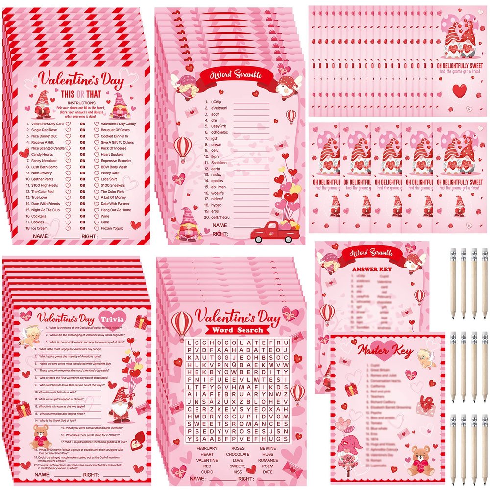 Chinco 127 Pcs Valentine's Day Games Cards Bingo Game for Adults Kids Valentine's Day Party with Pencil Trivia Classroom Activities Valentine Gifts Boys Girls Birthday Party Supplies
