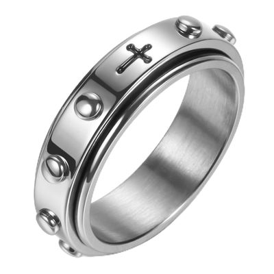 Adreamz 6mm Spinner Rosary Ring for Anxiety Relief Fidget Spinner Ring with Anti-worry Beads Cross Wedding Bands for Men Women 7