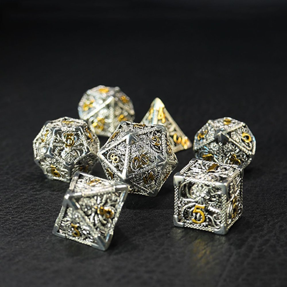 DND Dice Set Metal, Steampunk Hollow Metal D&D Dice 7 Set, Polyhedron Role Playing Dice Set for Dungeons and Dragon Game,TRPG, Role Playing Dice Games,C