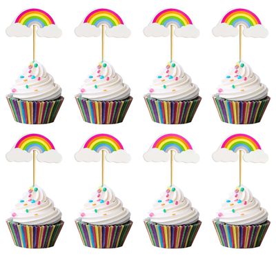 24 Pieces Rainbow Cupcake Toppers Rainbow Theme Birthday Party Cake Topper Rainbows Dessert Decoration Colorful Baking Cake Decorations Baby Shower Supplies Cupcake Picks for Girls & Boys