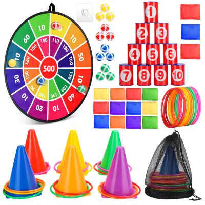 Hungdao 3 Sets Carnival Games Combo Set, Dart Board with Balls Plastic Cones Ring Bean Bags Toss Game for Boys Girls Adults Family Birthday Yard Indoor Outdoor(Classic Style)