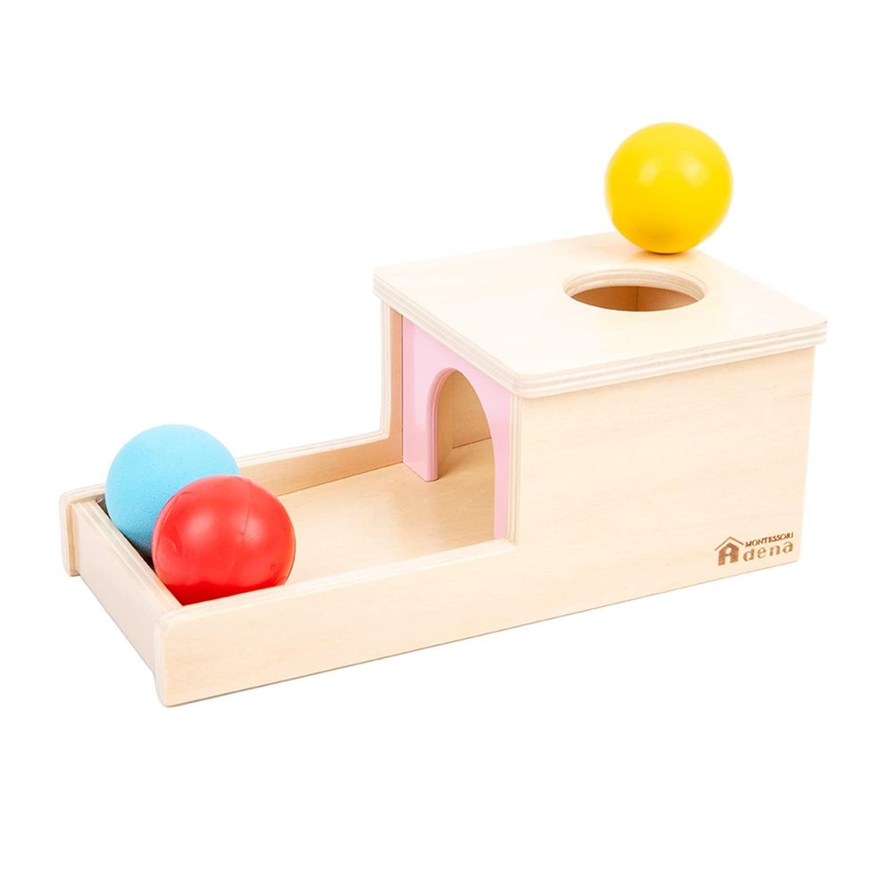 Adena Montessori Object Permanence Box with Tray Three Balls Montessori Toys for 6-12 Months Baby 1 Year Old Infant Toddler Wooden Pink Door for Girl