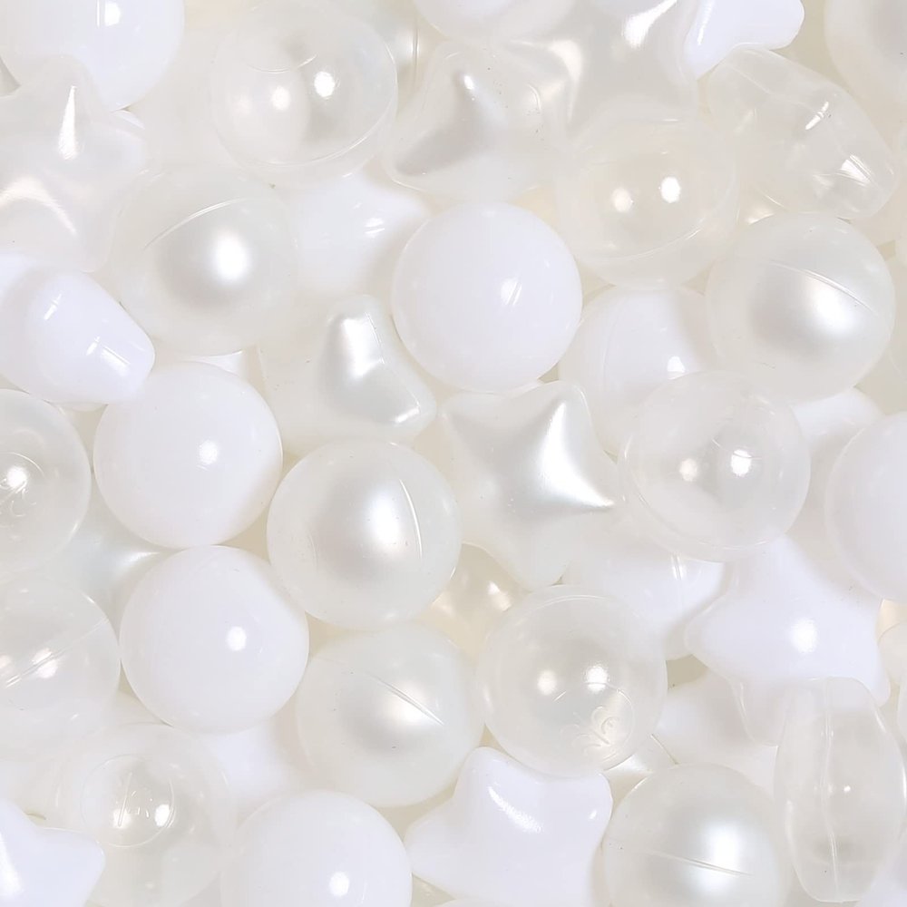 TRENDPLAY Star Ball Pit Balls for Toddlers - 100 Count Star Balls Different Shapes, Non-Toxic Plastic Balls Boys Girls Festival Party Decoration, Pearl White+ White+ Clear