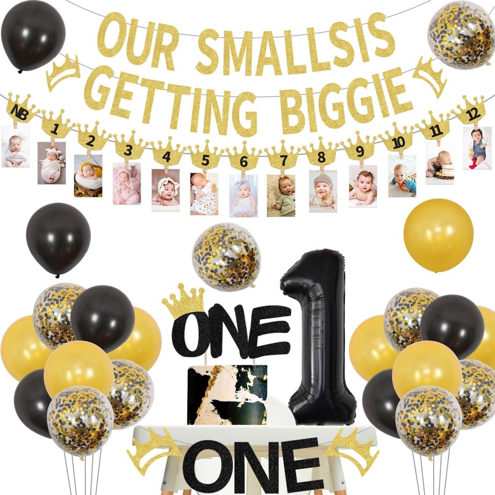 Notorious One Gold Biggie Birthday Decor Set - Hip Hop Themed Cake Topper, High Chair Banner, Photo Prop