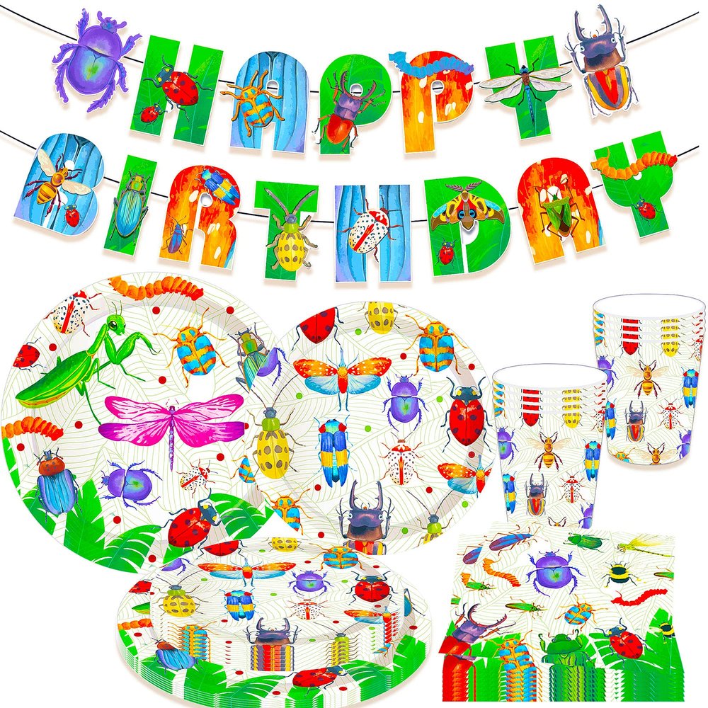 Insect Bugs Party Plates and Napkins - Garden Birthday Banner with Caterpillar and Ladybug Theme