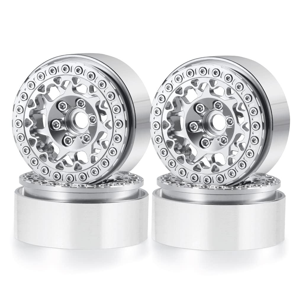 RCLIONS 1.9inch Beadlock Wheels Aluminum Rims for AXIAL SCX10 SCX10 II 90046 SCX10 III AXI03007 TRX4 1/10th RC Crawler Truck Car (Silver)