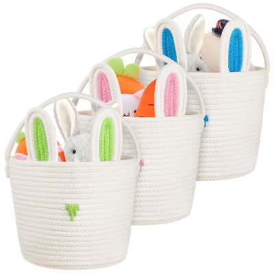 3 Pcs Easter Bunny Basket with Rabbit Ears Easter Egg Basket with Handle Woven Empty Hunt Container for Gifts Stuffer Candy Toy Storage Party Supplies, 12 x 9 Inch
