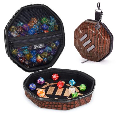 ENHANCE DND Dice Tray and Case - Collector's Edition DND Dice Holder up to 150 D&D Shakers with Hard Shell Exterior and Protective Soft Interior - Rolling Tray Perfect for Game Night (Dragon Brown)