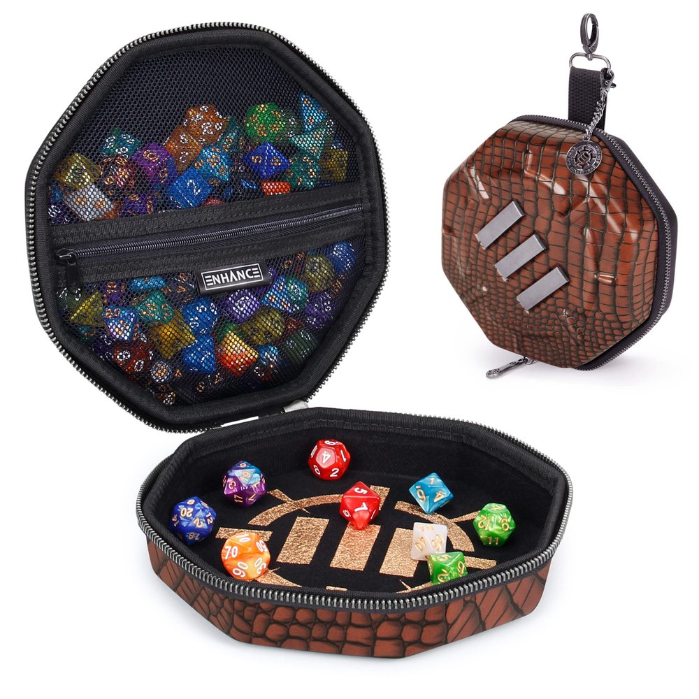 ENHANCE DND Dice Tray and Case - Collector's Edition DND Dice Holder up to 150 D&D Shakers with Hard Shell Exterior and Protective Soft Interior - Rolling Tray Perfect for Game Night (Dragon Brown)