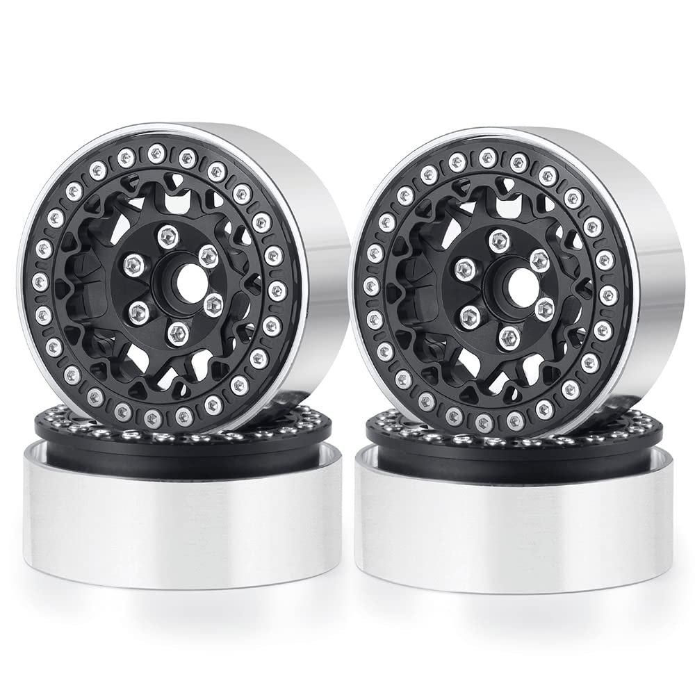 RCLIONS 1.9inch Beadlock Wheels Aluminum Rims for AXIAL SCX10 SCX10 II 90046 SCX10 III AXI03007 TRX4 1/10th RC Crawler Truck Car (Black)