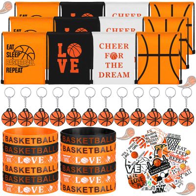 WILLBOND 86 Pcs Basketball Party Favors Including Basketball Goodie Bags Drawstring Bag Silicone Bracelets Wristbands Keychains Stickers for Team Gifts Birthday Party Decoration Supply