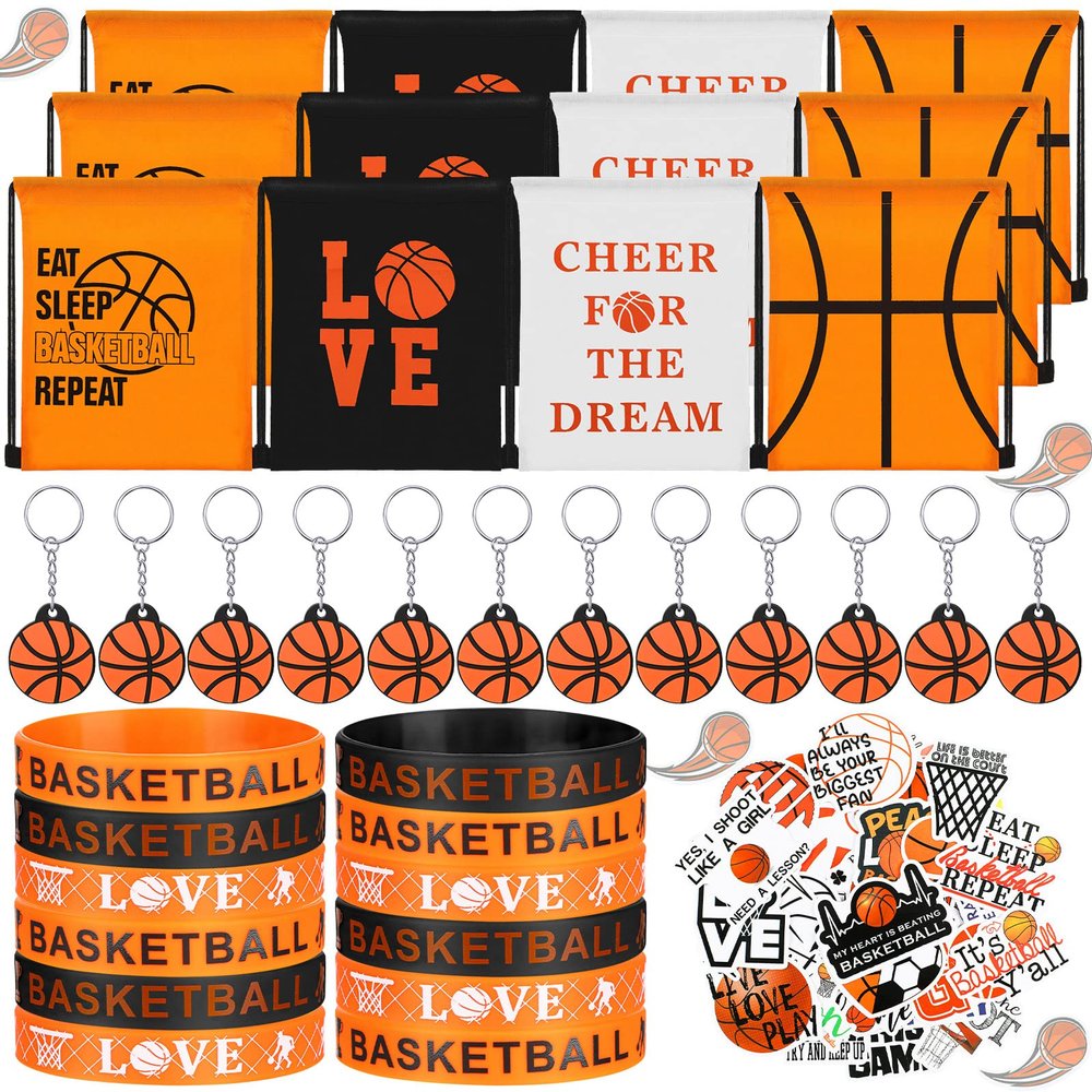 WILLBOND 86 Pcs Basketball Party Favors Including Basketball Goodie Bags Drawstring Bag Silicone Bracelets Wristbands Keychains Stickers for Team Gifts Birthday Party Decoration Supply